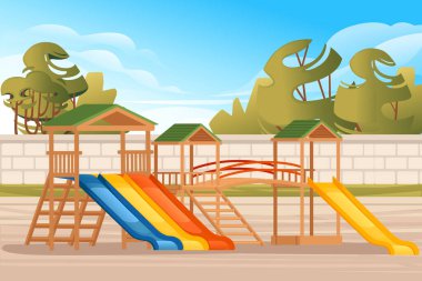 Kamu parkında, arka planda ağaçlar ve şehir olan çocuk parkı çizimi.