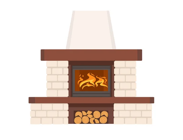 Modern Stone Fireplace Hot Flame Vector Illustration Isolated White Background — Stock Vector