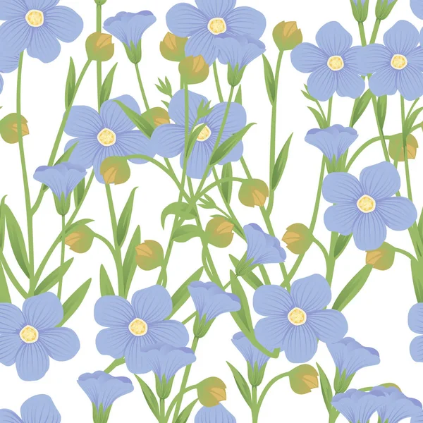 Kusursuz Desenli Flax Tarım Bitkisi Çiçek Açan Mavi Çiçekler Beyaz — Stok Vektör