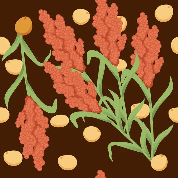 Nahtloses Muster Sorghum Landwirtschaftspflanze Mit Samen Kornvektor Illustration Auf Braunem — Stockvektor