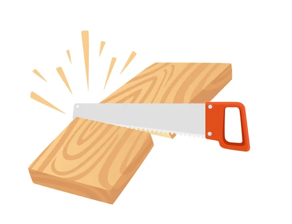 Sawing Wooden Plank Modern Handsaw Vector Illustration Isolated White Background — Stock Vector