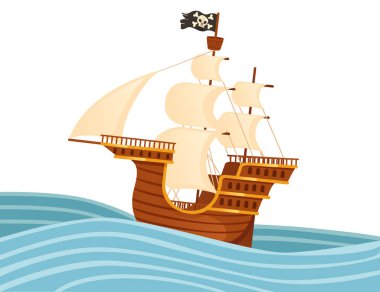 Wooden medieval pirate ship with white sails and black pirate flag galleon war wessel vector illustration isolated on white background.
