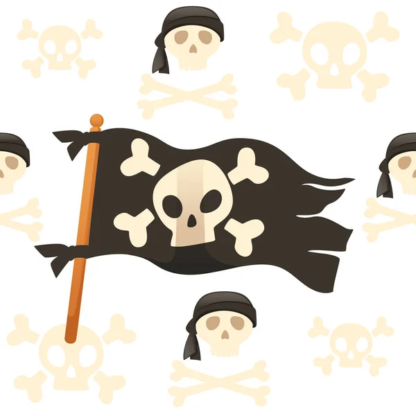 シームレスなパターン白の背景に頭蓋骨と骨のベクトルイラストと黒の色の海賊旗 — ストックベクタ