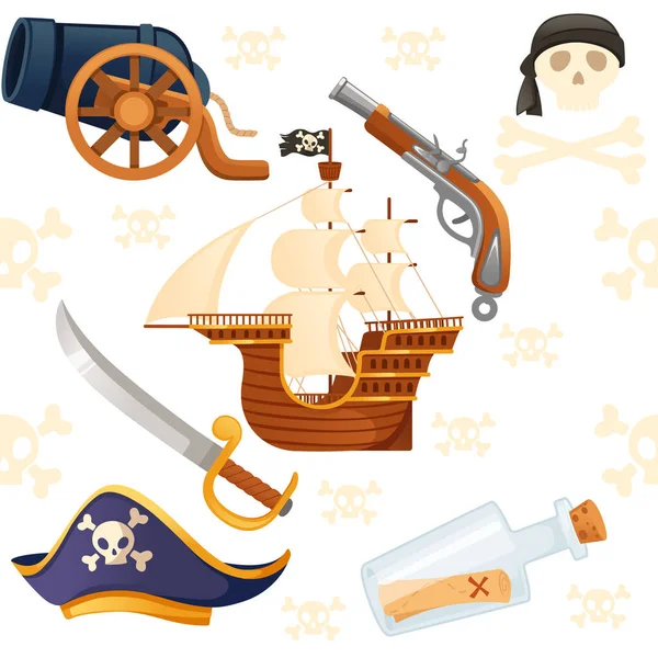Patrón Sin Costura Tema Pirata Con Cráneo Barco Vector Armas — Archivo Imágenes Vectoriales