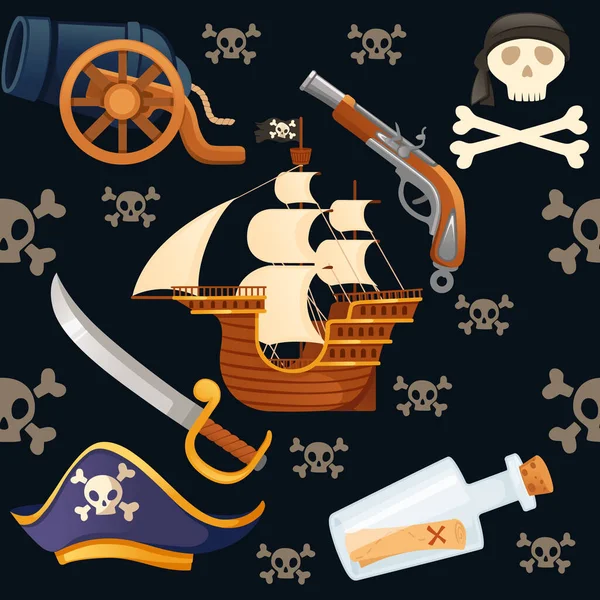 Padrão Sem Costura Tema Pirata Com Crânio Navio Ilustração Vetor — Vetor de Stock
