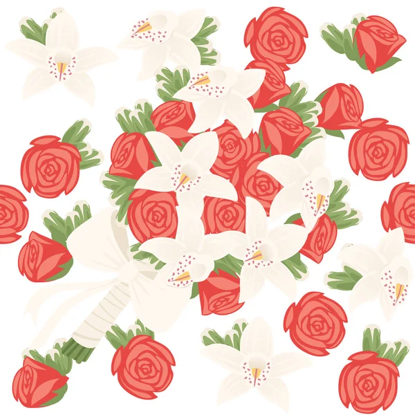 无缝图案的百合花花束 纸包着玫瑰 白色背景上有白色丝带矢量图解 — 图库矢量图片