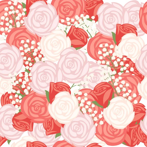Απρόσκοπτη Μοτίβο Μπουκέτο Γυψόφυλλες Λουλούδια Τριαντάφυλλο Τυλιγμένο Χαρτί Κόκκινη Κορδέλα — Διανυσματικό Αρχείο