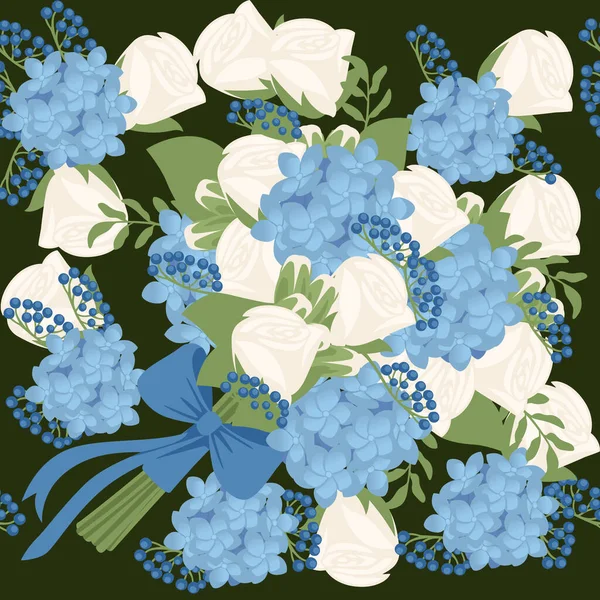 Απρόσκοπτη Μοτίβο Μπουκέτο Λουλούδια Ορτανσία Τριαντάφυλλο Τυλιγμένο Χαρτί Μπλε Κορδέλα — Διανυσματικό Αρχείο