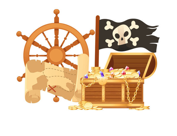 Illustration of pirate theme with treasure map hat and wooden chest vector illustration isolated on white background.