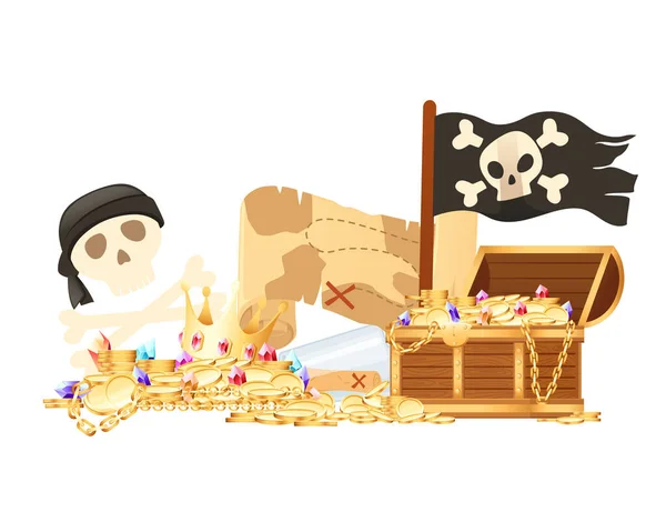 宝の地図の帽子と木製の胸ベクトルのイラストが白い背景に隔離された海賊のテーマのイラスト — ストックベクタ