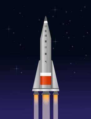 Açık uzay vektör çizelgesinde uçan uzay roketi ve arka planda yıldızlar.