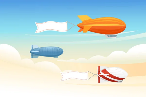 空を飛ぶ商業飛行船剛性飛行船のベクトル図雲の空の背景 — ストックベクタ