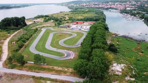 Air View Karting Track Located River Away City — стоковое видео