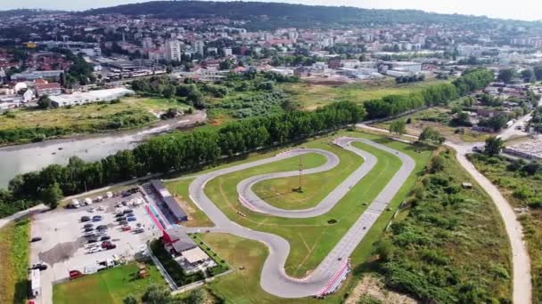 Aerial View Karting Track Located River Away City — Stock Video