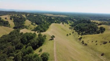 İnsanların yürüyüş yaptığı ve 28 elektrikli bisiklete bindiği yeşil birbirine yakın tepelerin inanılmaz manzarası.