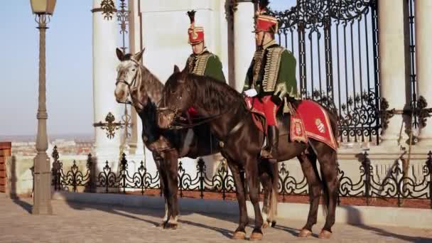 两名身着传统服装的战马骑手骑着马在日落时谈着话 — 图库视频影像