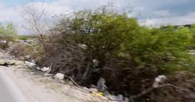 Yol kenarındaki çöplükte bir sürü atık var.