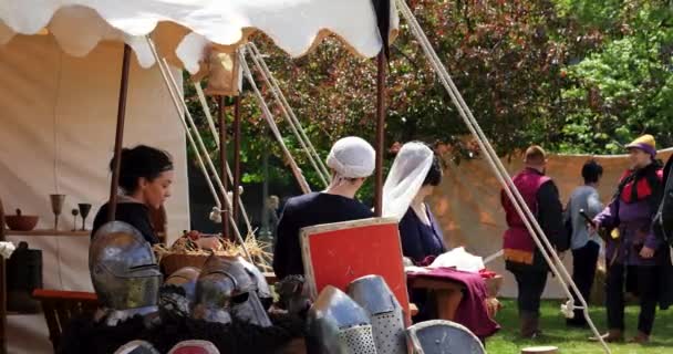 Filles Médiévales Tricoter Uniformes Costumes Dans Une Tente Côté Des — Video