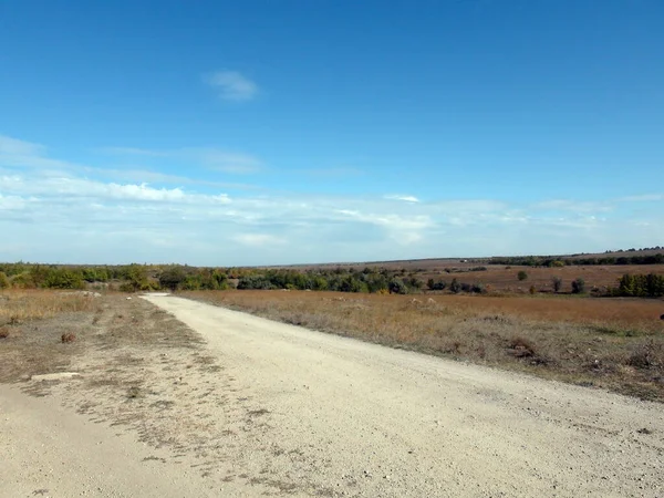 Landscape Road Arrows Ukrainian Steppes Clear Blue Sky Horizon — Stock Photo, Image