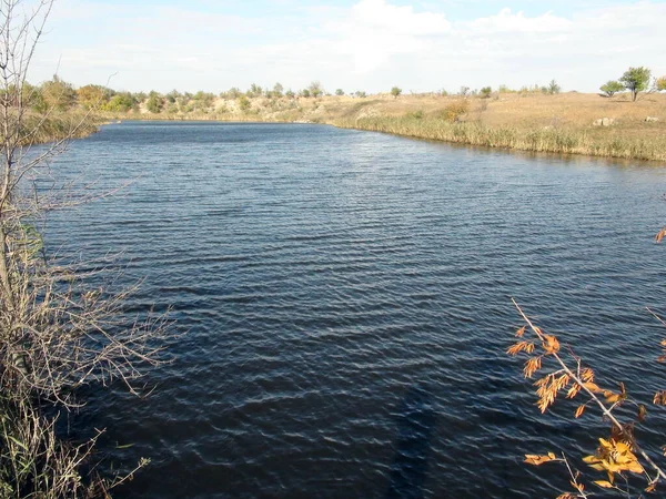 Panorama Water Mirror Pond Covered Fine Ripples Autumn Sunny Day — Zdjęcie stockowe