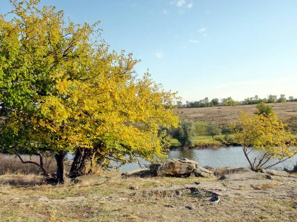 Landscape Steppe River Carries Its Waters High Banks Decorated Autumn — Zdjęcie stockowe