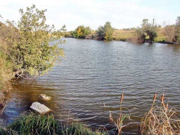 Landscape Steppe River Carries Its Waters High Banks Decorated Autumn — Foto Stock