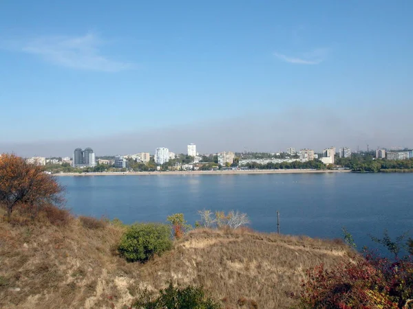 View Shores Island Khortytsia Dnieper Industrial City Zaporozhye Covered Cloud — Photo