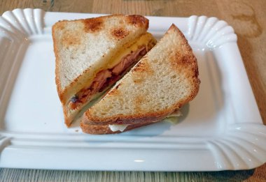 What a pleasant picture of two delicious sandwiches on a plate for a weary traveler after a tiring outdoor recreation.