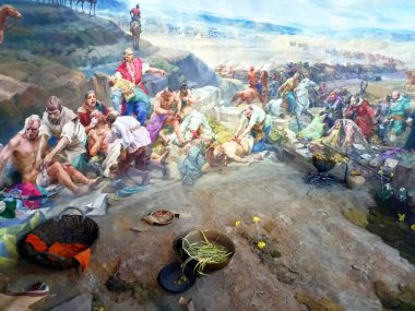 An artistic panorama of the treatment of wounded Cossacks after the battle with the Poles in the liberation war of the 17th century led by Khmelnytskyi.