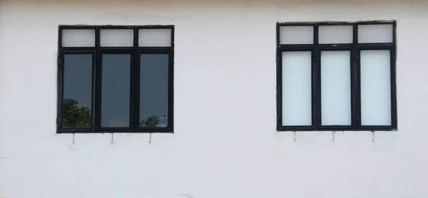 Triple Mirror Window Painted Black Aluminium Fame White Painted Wall — Stock Photo, Image