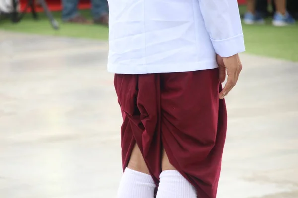 Man Wears Thai Red Loincloth White Shirt Back View — Stock Photo, Image