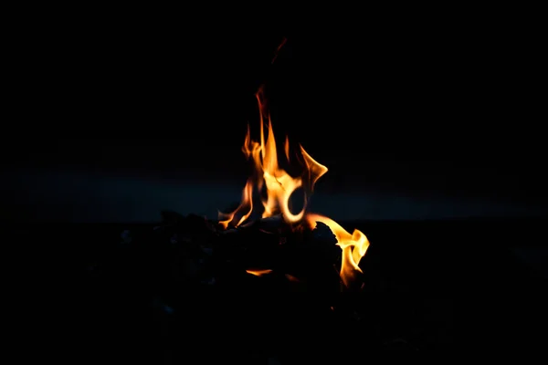 Burning wooden logs in a bonfire at night, orange flames, fire, horizontal photo, black background