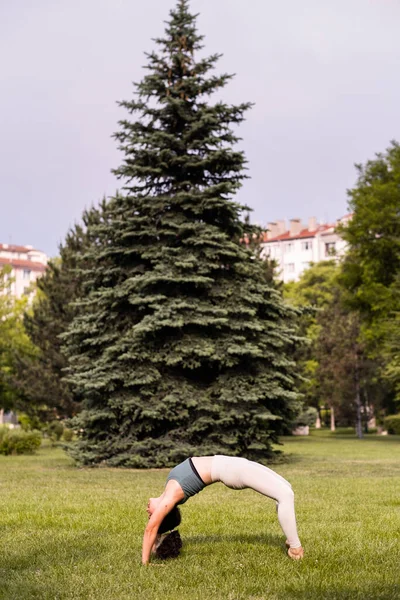 Gün doğumunda halka açık parkta yoga yapan güzel bir kadın.