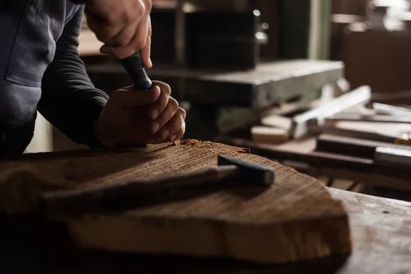 Young Male Carpenter Young Male Carpenter Drilling Holes Wood His — Stock Photo, Image