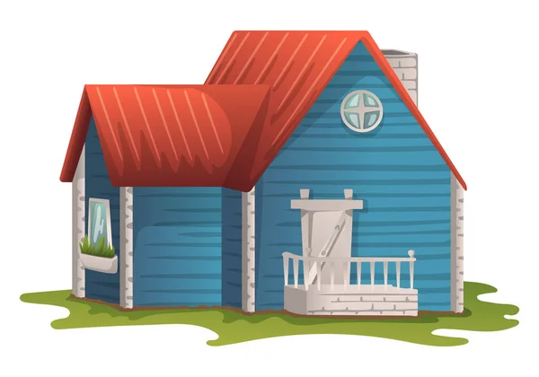 Casa Pequena Madeira Azul Urbana Com Telhado Vermelho Chaminé — Vetor de Stock