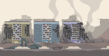 Savaş sırasında yıkım, doğal afet. Yıkılmış modern şehir binaları.