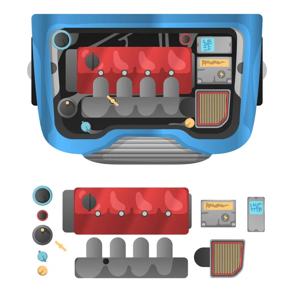 Compartimento Del Motor Coche Elementos Básicos Motor Coche Mecánica Transmisión — Vector de stock