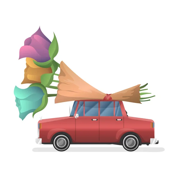 รถย อนย คโรแมนต อดอกไม บนหล งคา ขอแสดงความย นสตร และว นวาเลนไทน — ภาพเวกเตอร์สต็อก