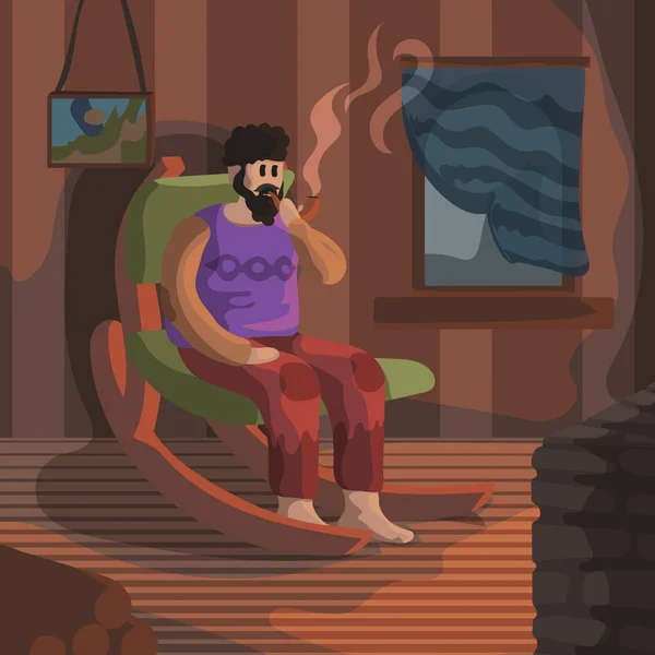 Hombre Fumando Una Pipa Cerca Chimenea Una Habitación Acogedora — Archivo Imágenes Vectoriales