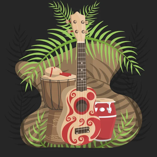 Ukulele Den Ilustrace Havajská Kytara Djembe Conga Palmové Listy Pozadí — Stockový vektor
