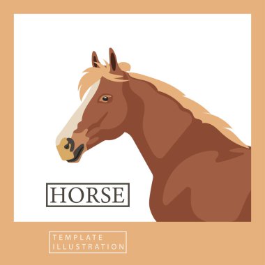 Düz bir tarzda gerçekçi renkli bir at. Metinli fauna teması üzerine modern trend minimalist tasarım şablonu.