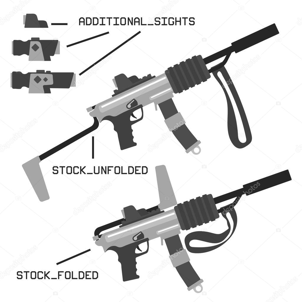 Fictional realistic isolated modern submachine gun hand weapon. Modifiable military assault rifle set for the game.
