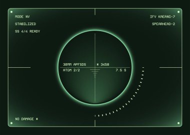 UAV 'nin termal görüntüleyiciyle kurgusal bir savaş arayüzü. Modern PUSA kontrol monitörü.