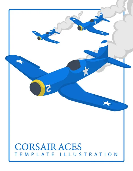 五彩斑斓的卡通片美国F4U Corsair飞机从第二次世界大战中脱颖而出 带有文本和平面的现代模板设计 — 图库矢量图片
