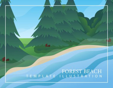 Forest Beach ve Lake 'in renkli karikatür manzarası. Arka planda metin ve doğa olan modern şablon tasarımı.
