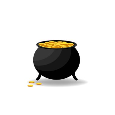 Beyaz arkaplanda izole edilmiş altın sikkeleri olan kazan, vektör