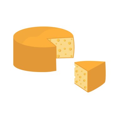 Beyaz arka planda izole edilmiş peynir tekerlekleri ve dilimler. Heese yassı simgesi