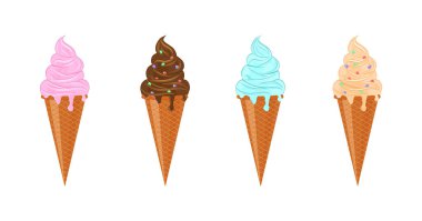 set of flavored ice cream cone isolated on white background vector illustration