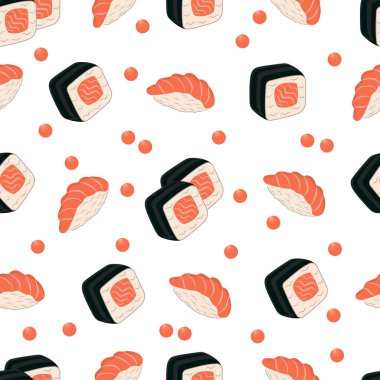 sushi roll and sake nigiri with japanese seafood concept in seamless pattern on white background
