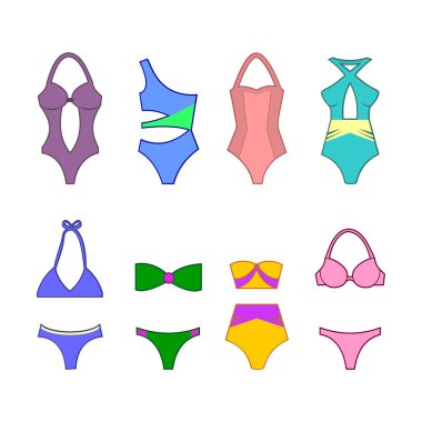 Beyaz arka planda izole edilmiş kadın mayoları. Bikini mayo. Vektör illüstrasyonu